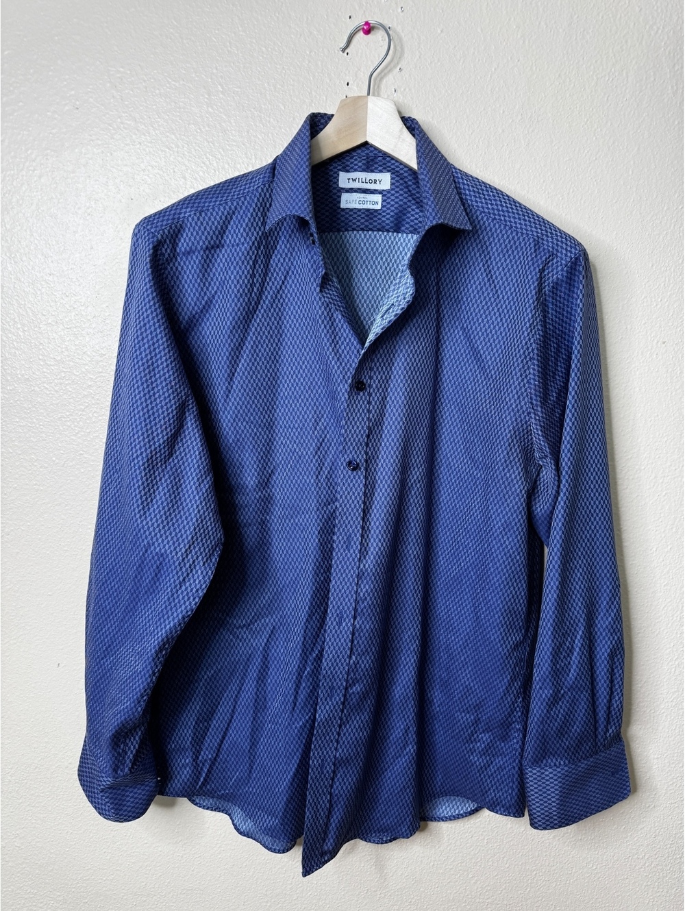 Twillory Mens 17 34/35 Dress Shirt Blue Geometric Cotton Tailored Fit No Iron